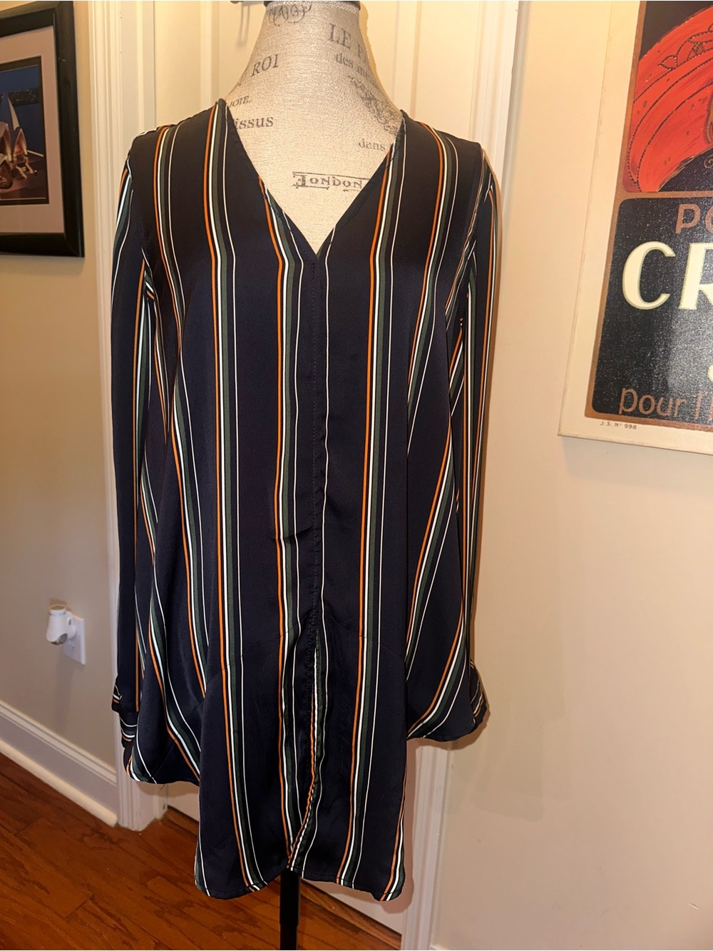 Max Studio long Navy Multi-Stripe V-Neck Long Sleeve Dress